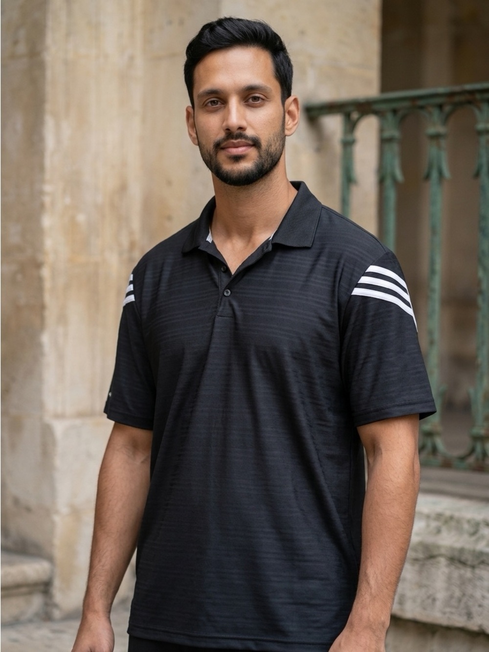 adidas Black Polo with White Shoulder Stripes